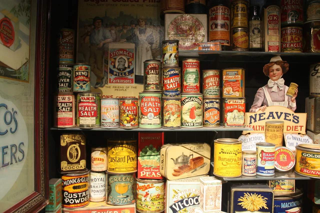 Shelves of vintage tins and packaging at the Museum of Brands