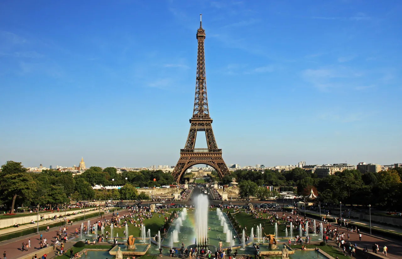 The Eiffel Tower under a blue sky, seen from the Trocadéro fountains