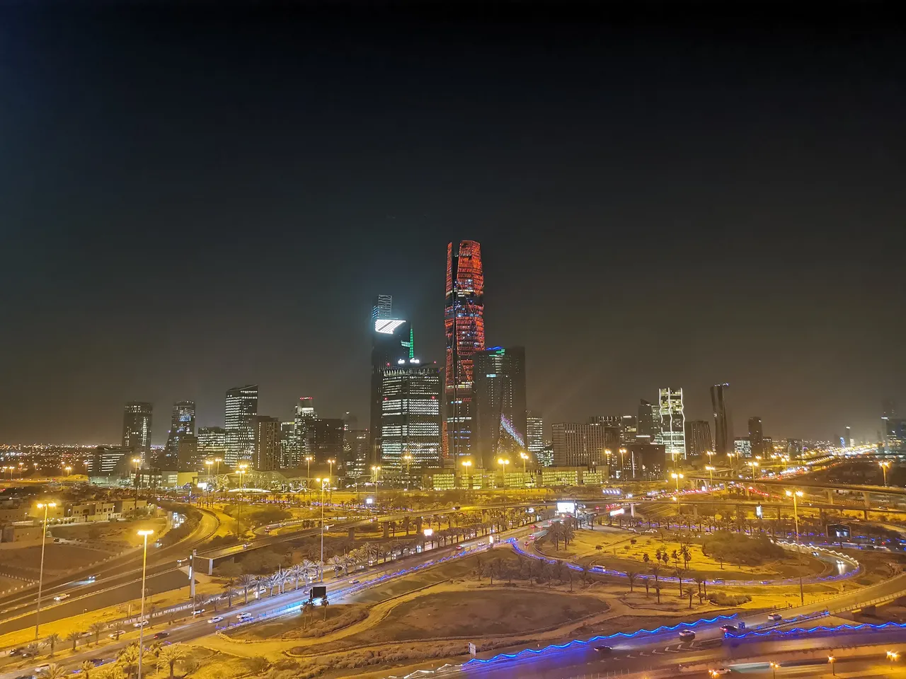 King Abdullah Financial District towers lit up at night
