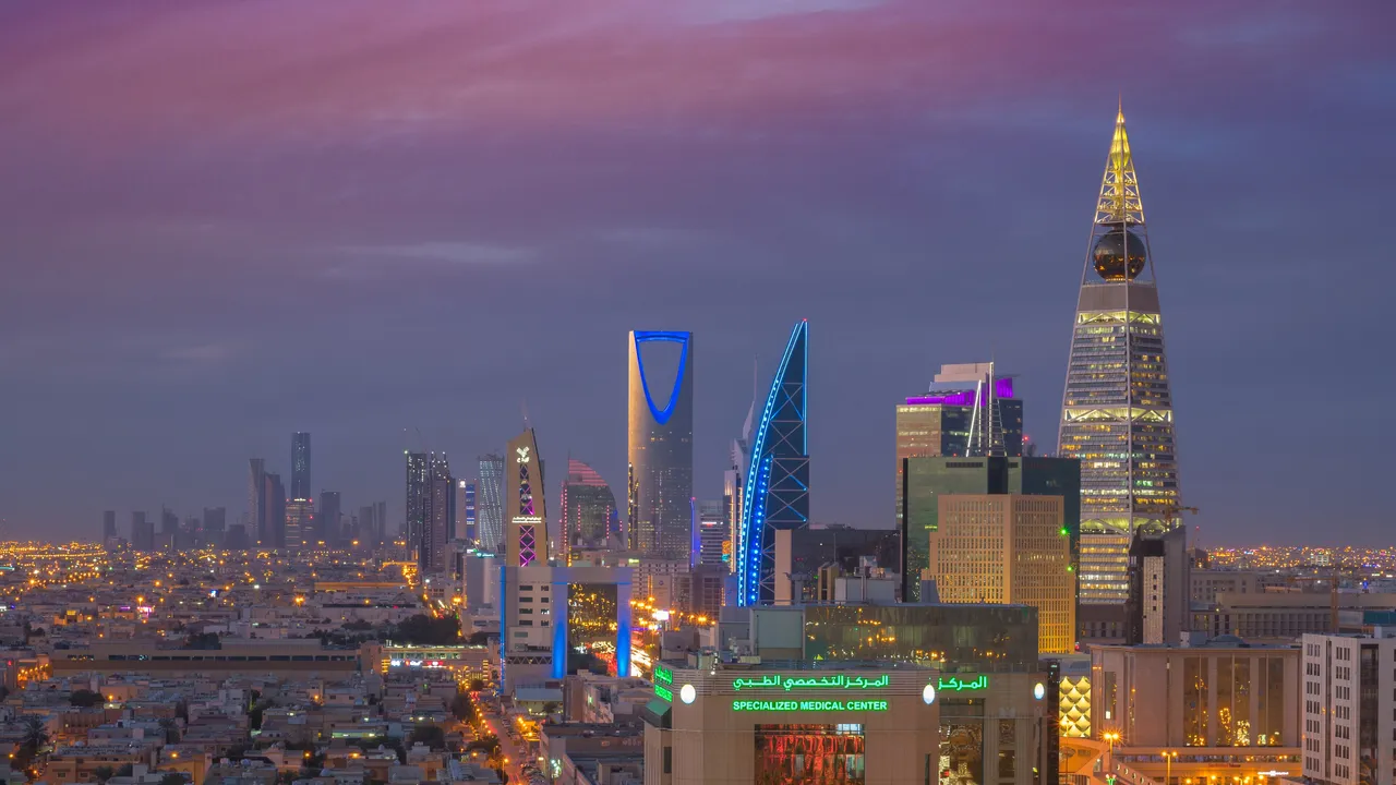 Riyadh's skyline at dusk with the Kingdom Centre and Al Faisaliah towers
